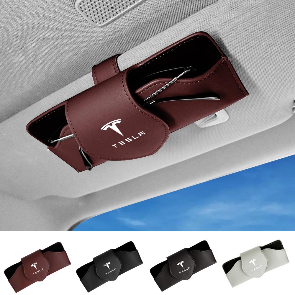 CRWOQ1 1/2Pcs Car Glasses Clip Sun Visor Sunglasses Leather Storage Case For Tesla Model 3 Y S X Roadster Cybertruck Juguete SpaceX