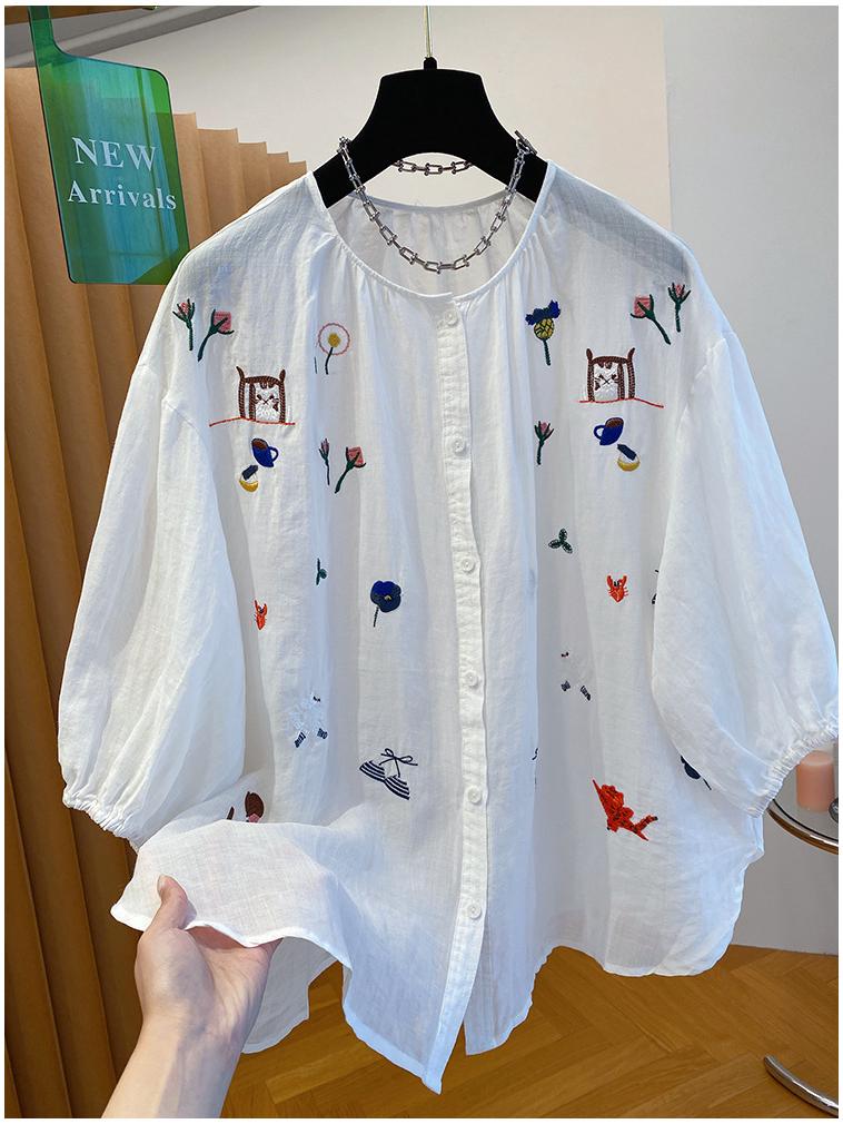 Women's Unique Embroidery Ramie Top - Extra Large, Lightweight, Chic, and Stylish for Summer 2026