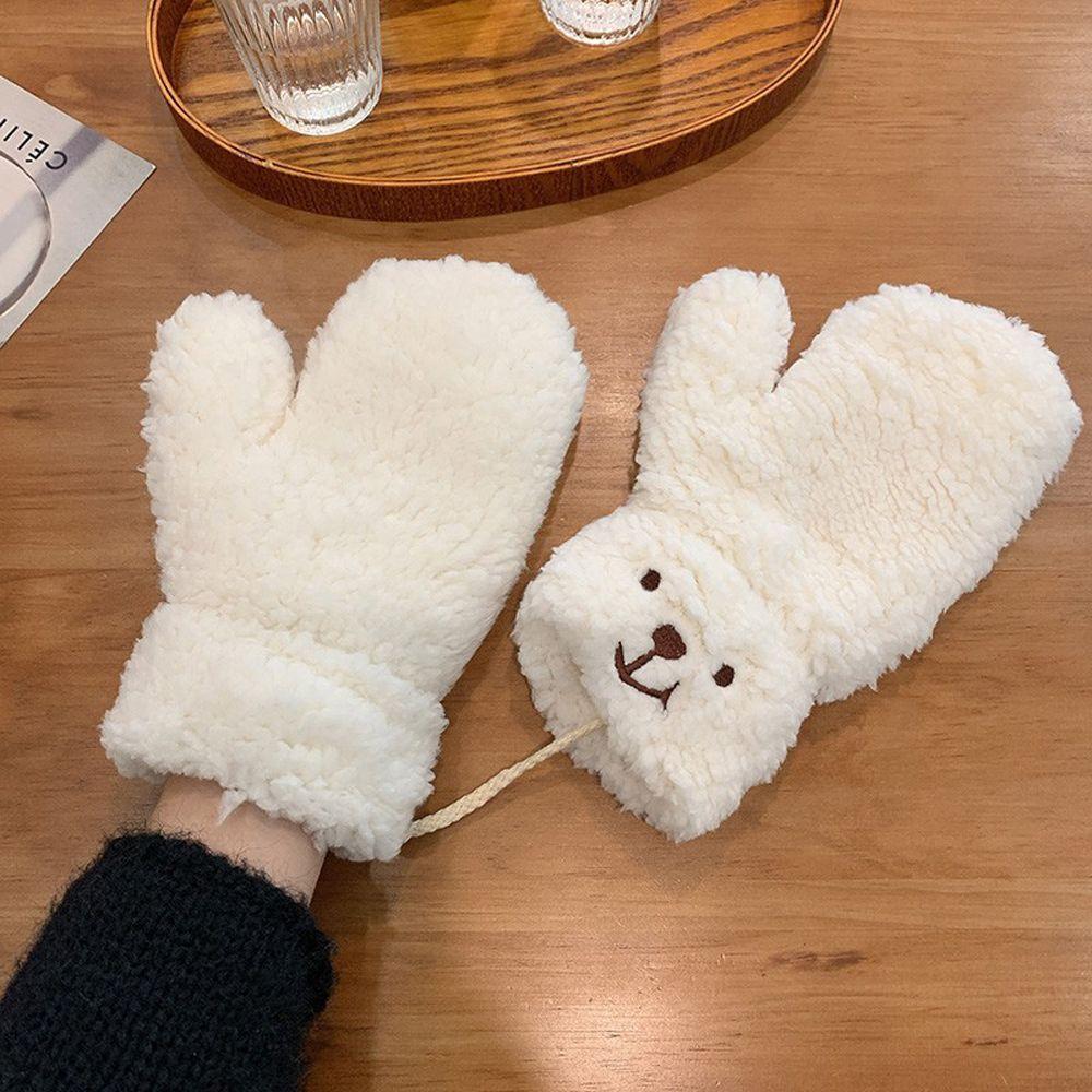 Cute Thicken Plush Windproof Full Fingers Bear Korean Mittens Hanging Gloves Women Winter Gloves