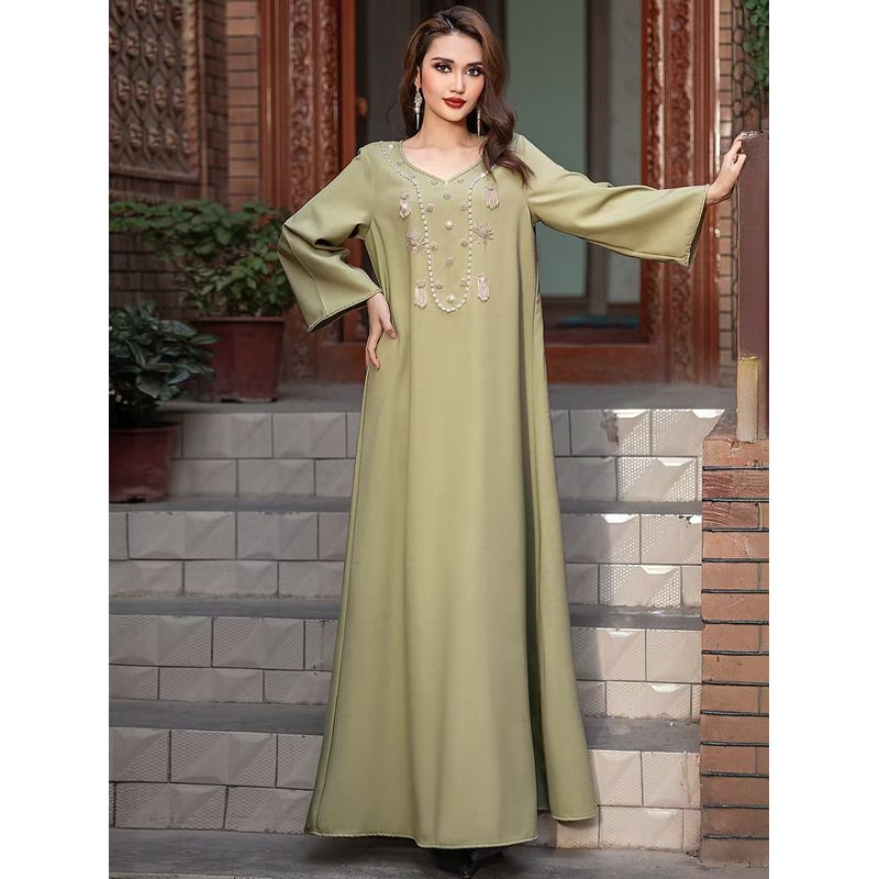 

Ближний Восток Новое Платье-туника с V-образным вырезом и свободного кроя из бисера ручной работы Платье-халат с бисером ручной работы Matcha 2XL