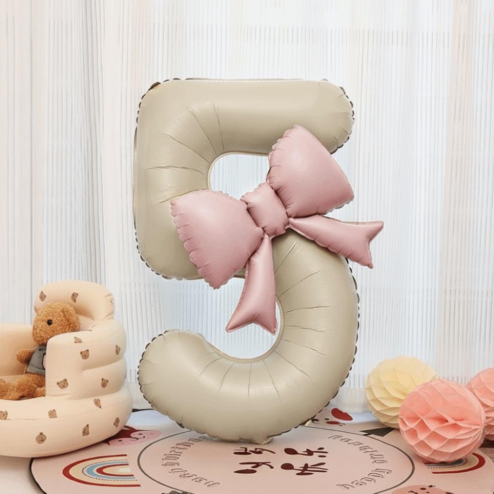 40 Inch Number 0-9 Balloon Cream White with Light Pink Bow Aluminum Foil Balloons New Year Decorations Birthday Party Balloons