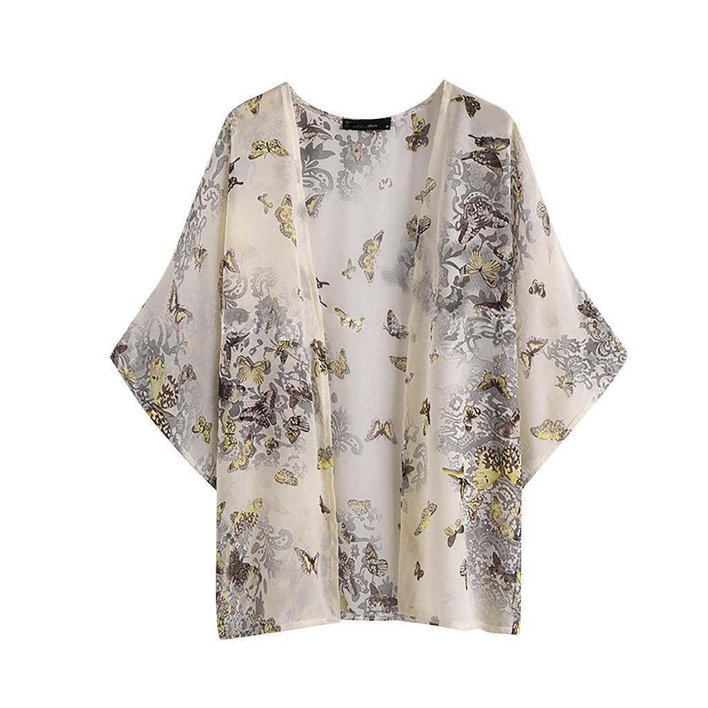 Women Chiffon Floral Print Kimono Loose Half Sleeve Shawl Cardigan Cover Up Tops