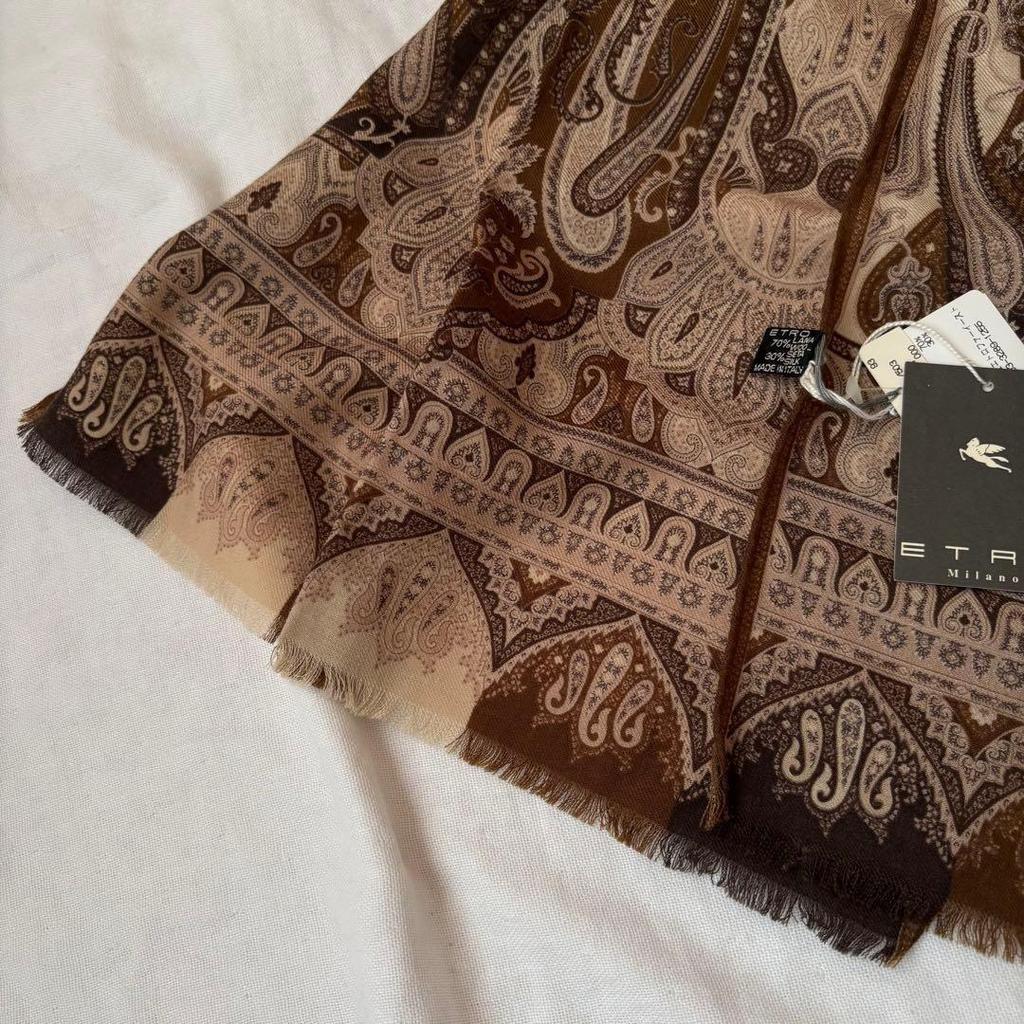 Used Tagged Etro Silk Blend Stole Paisley Brown Tones Italy
