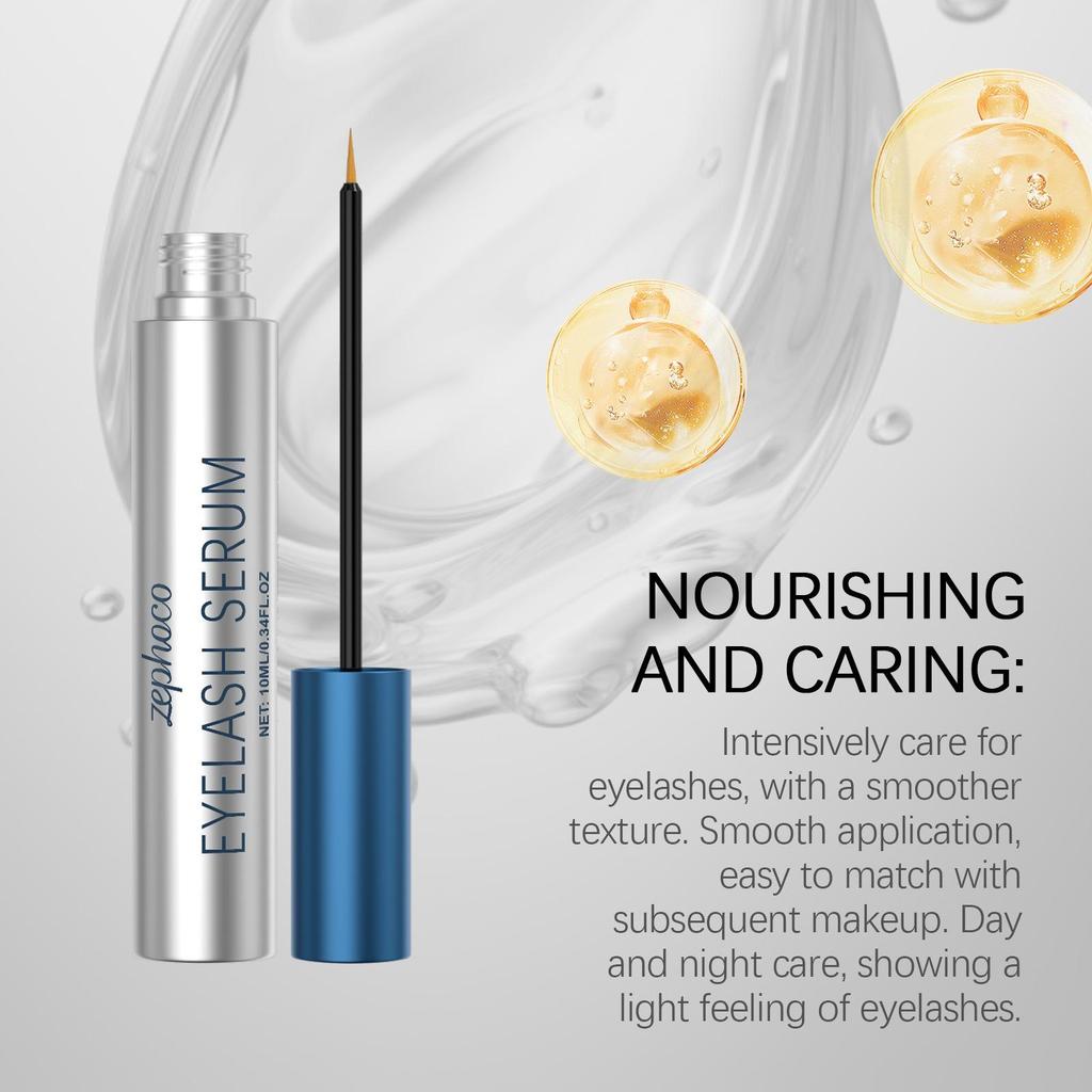 Zephoco Eyelash Serum: Lightweight, easy absorption, fine brush for full, natural lashes and shiny, everyday eye makeup.