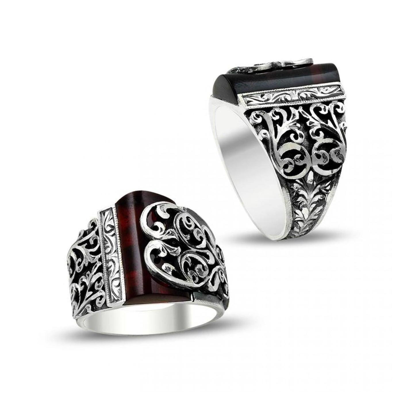 

Эрзурумское серебряное кольцо ручной работы с огнем и янтарем