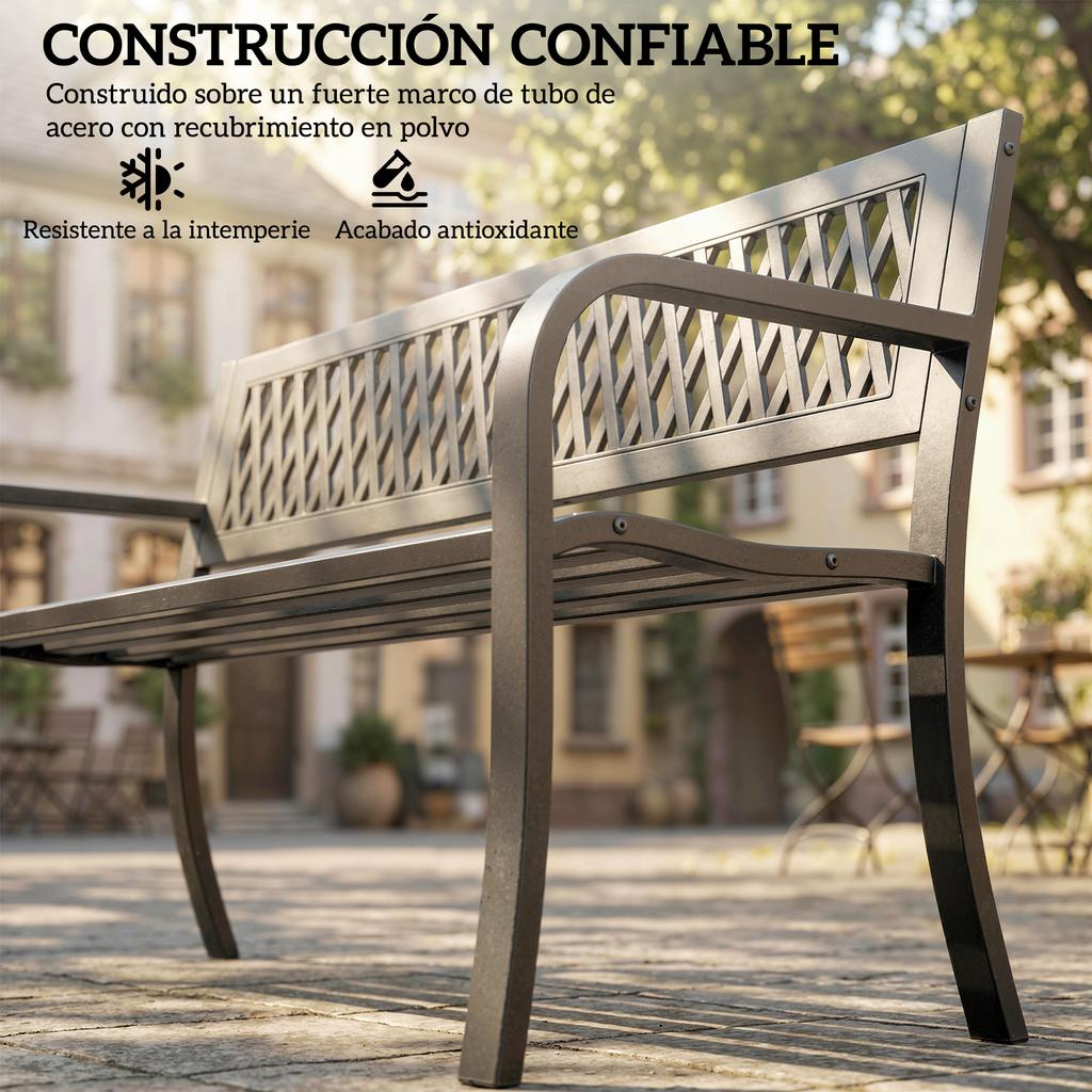 Outdoor Garden Bench 2 Seater Slatted Seat Armrest Steel Frame 119x50x75 Cm Black