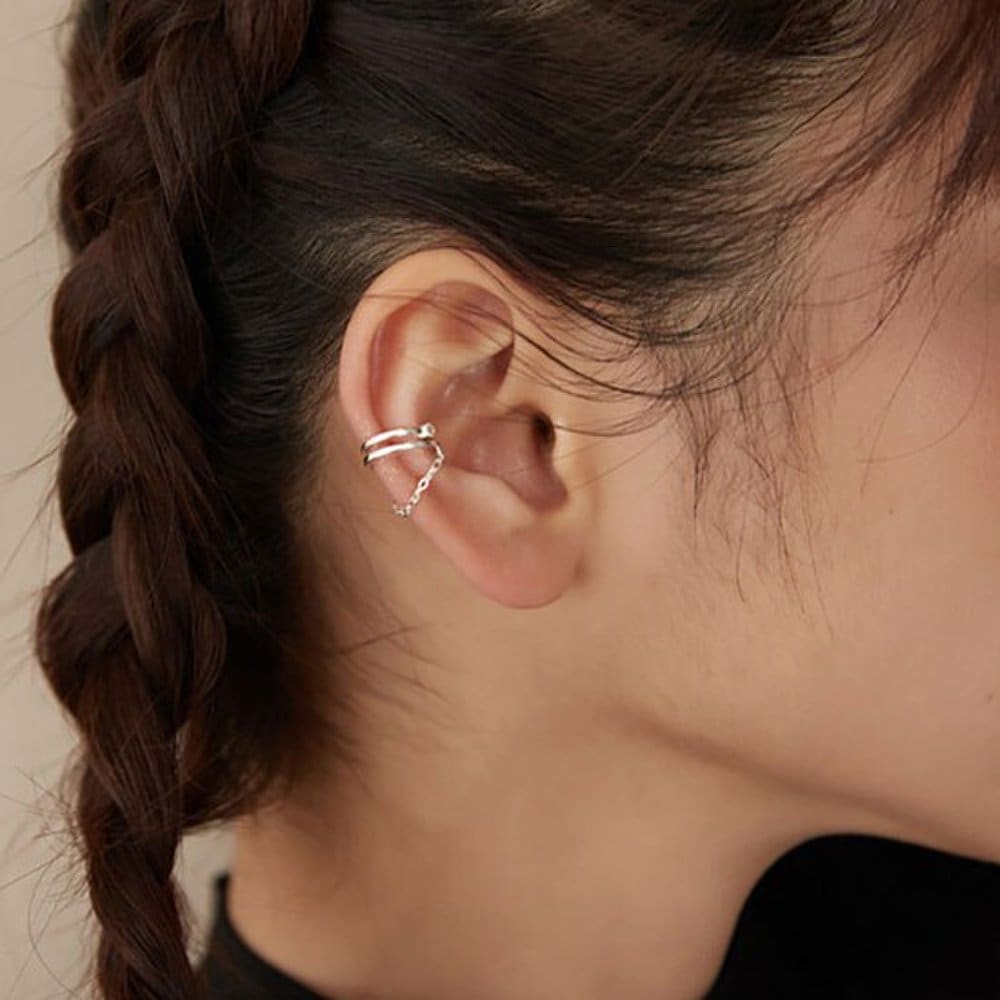 [Mariencoco] One Cubic Double-Line Chain Silver 925 Plated Ear Cuff Individual_Ih