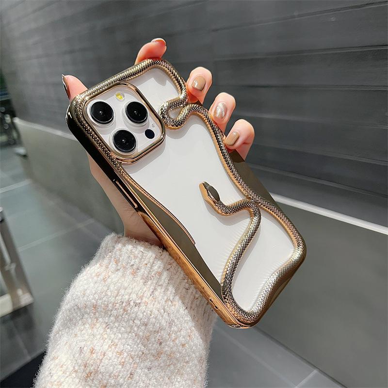 Year of The Snake for Apple 16PROMAX Phone Case Hollowed Out Snake for IPhone 15 Electroplated Protective Case