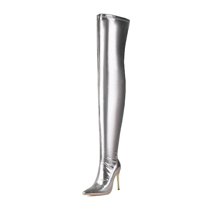 Fashion Plus Size Metal Color Microfiber Material Ultra-High Boot Length Pointed Tip Ultra Metal Thin Heel Sexy Over The Knee Boots 34 серебряный 10119₽