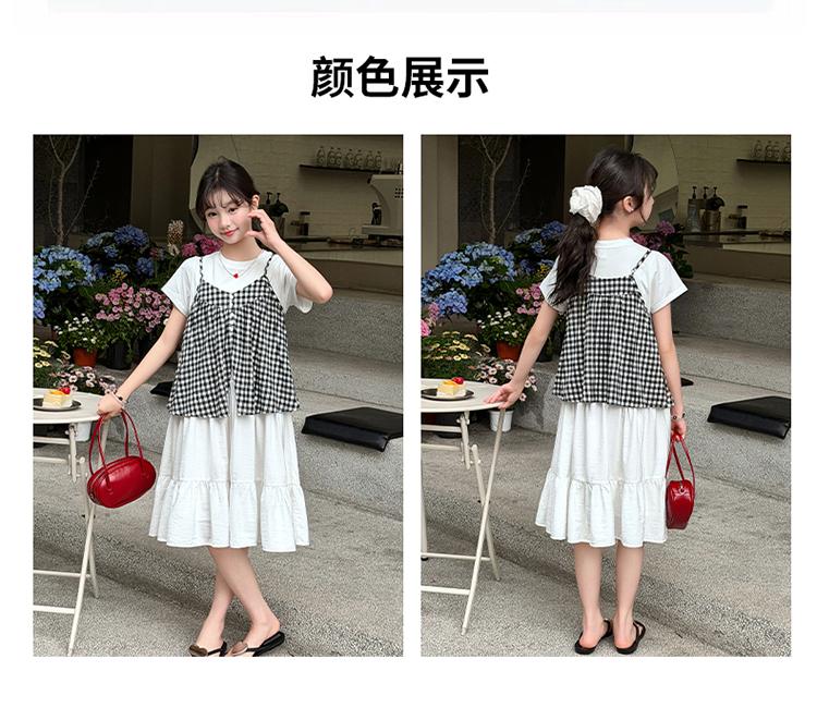 Girls' summer plaid camisole dress set, stylish children's short sleeved white casual mid length skirt
