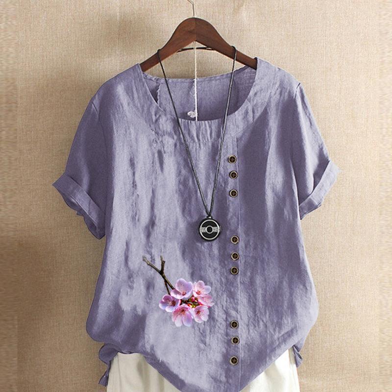 Women's Fashion Flowers Prined Short Sleeve T-shirt Loose Cotton Shirt Casual Loose Summer Blouse Tops