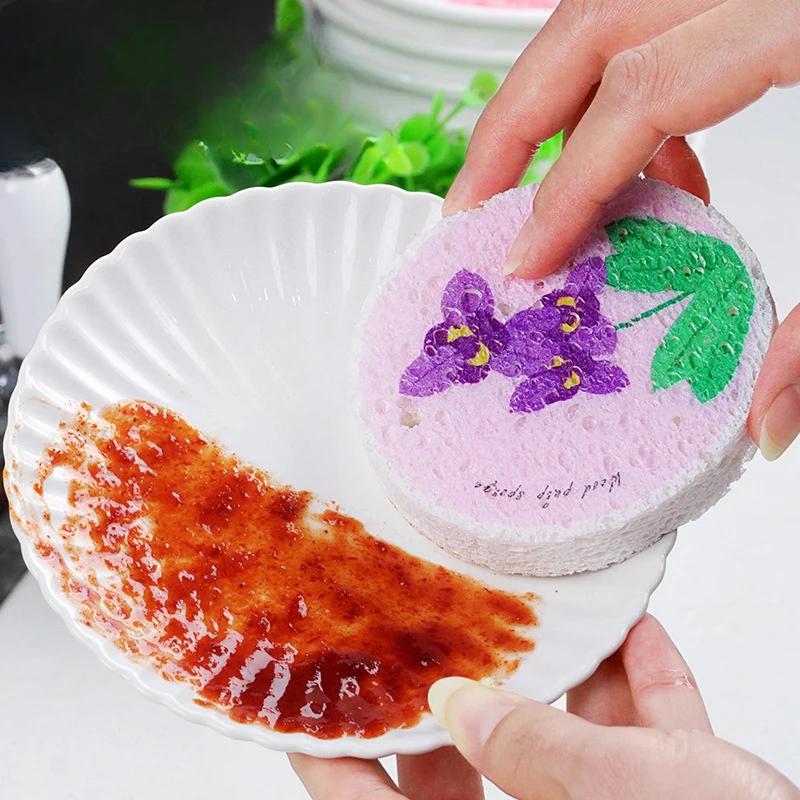 3PCS  Wood Pulp Sponge Dish Towel Kitchen Cleaning Sponge Cloth Round Flower Compression Dish Towel