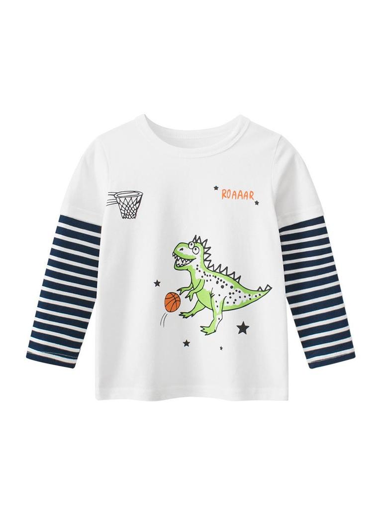 27kids 2024 Neues Herbst Dinosaurier Langarm Fake Zweiteiler T-Shirt für Jungen