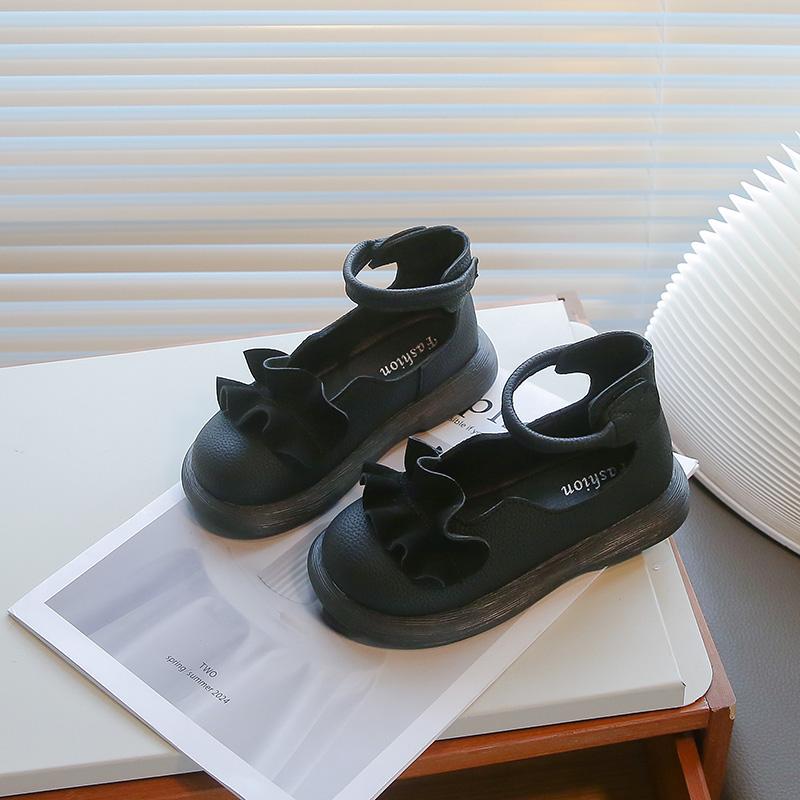 New Girls Princess Leather Shoes Simple Style Children's Pleated Shoes Fashion Causal Kids Versatile Flat Shoes Ankle-strap Soft