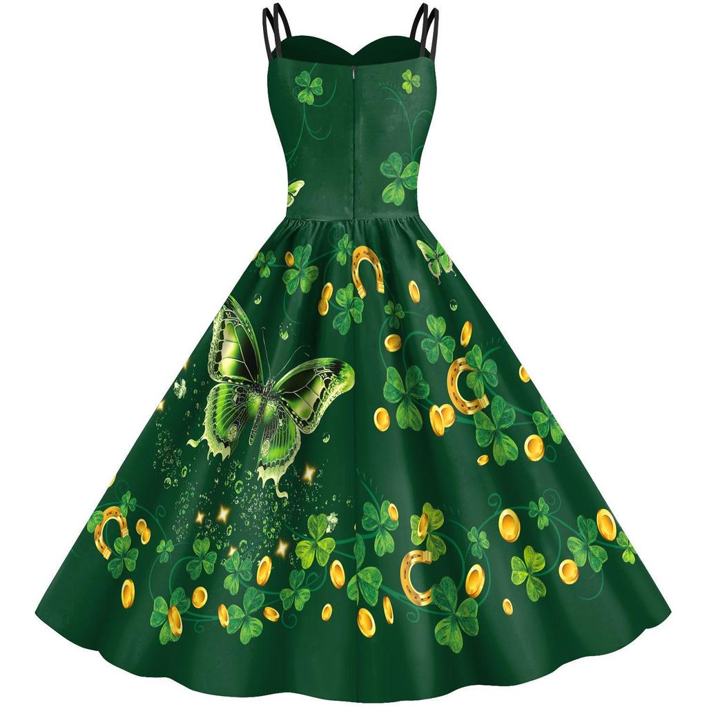 Women's Spaghetti Strap Clover Dress - St. Patrick's Day Irish Festival Clothing