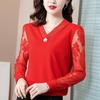 Women's Tops Large Size Ladies V Neck Beaded Shirt Lace Crochet Splicing Mesh Long Sleeve