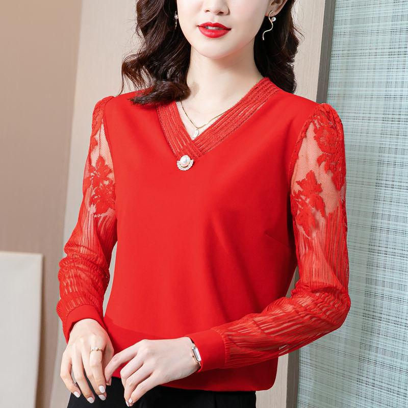 Women's Tops Large Size Ladies V Neck Beaded Shirt Lace Crochet Splicing Mesh Long Sleeve