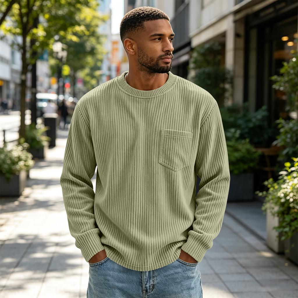 Men's Corduroy Long Sleeve Crewneck Top, Casual Athletic T-Shirt for Everyday Wear
