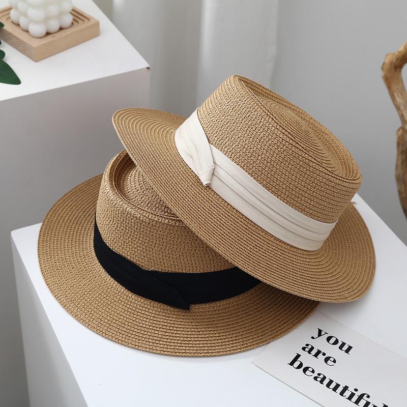 Spring and Summer Beach Flat Top Hat Women's Straw Knitted French Wide Brimmed Jazz British Sun Hats