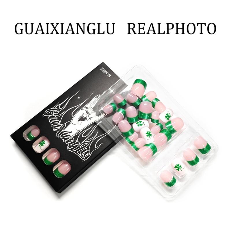 24Pieces Short Fake Nail Light Green Leaf Design Glitters Design French Elegant ABS Artificial Nail for Easy Application