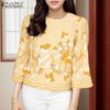 ZANZEA Women Casual Round Neck 3/4 Sleeve Loose Print Blouse