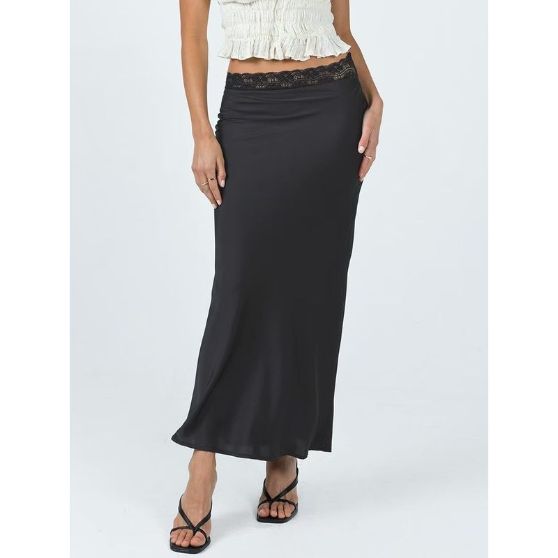 

European and American Style Lace Waist Satin Skirt Fashion Sexy Sheath Dress Satin High Waisted Skirt Black M