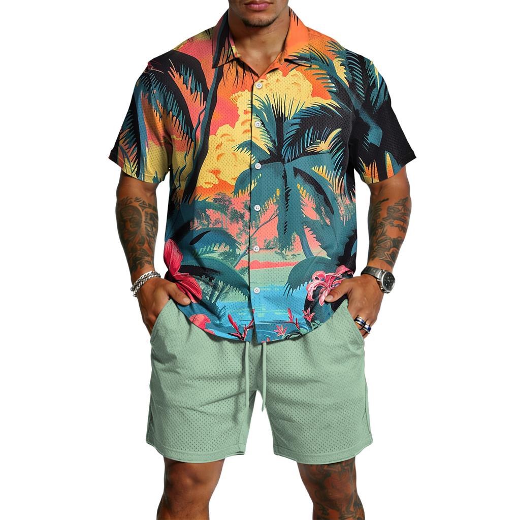 Herren Casual Leichtes Atmungsaktives Kurzarmhemd und Shorts Set