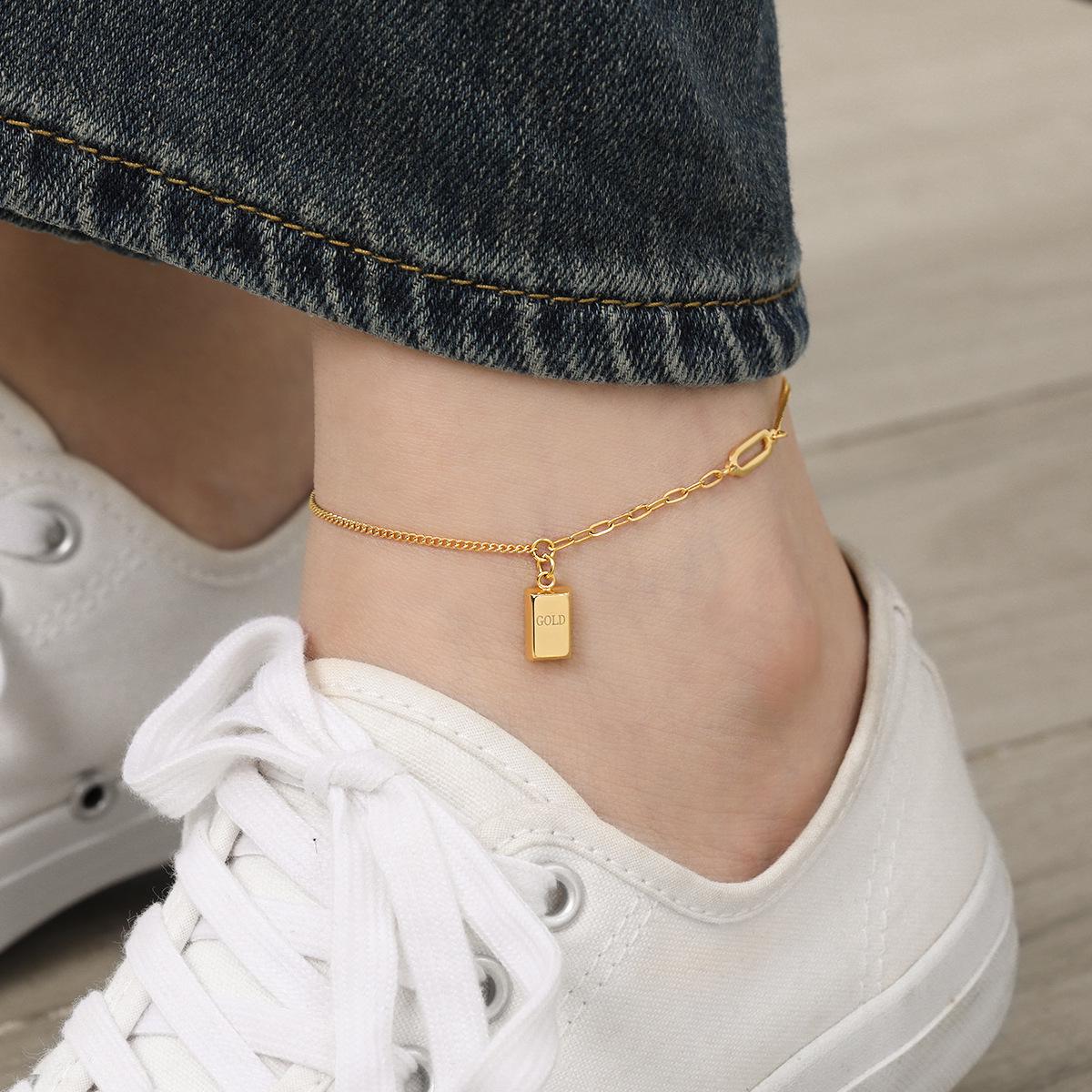 Корейский комплект ювелирных украшений из титанового ожерелья и браслета на лодыжку золотистого оттенка для женщин