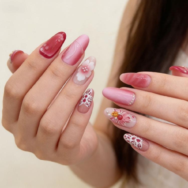 

Pack of 30 False Nail 3D Floral Design Ice Transparent Artificial Nail Quick Application User Friendly ABS Build 1