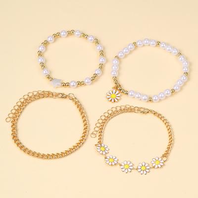 4 Pcs Women Bracelet Set Adjustable Length Hollow Out Chain Faux Pearl