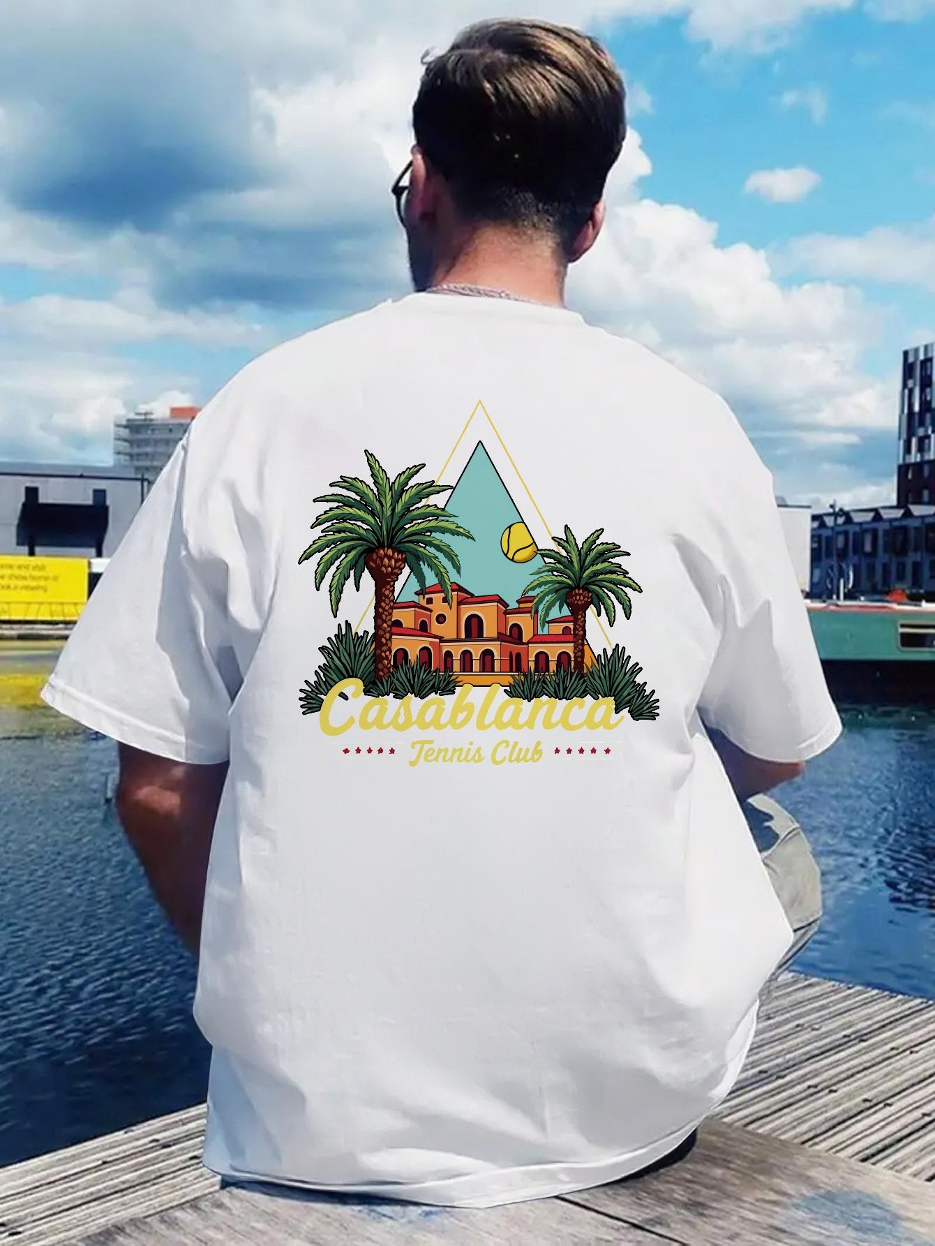Casual Summer Beach T-shirt with Casablanca Tennis Club Graphic Print - Short Sleeve M
