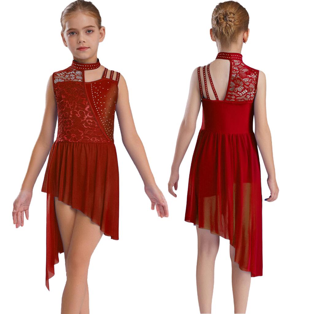 Girls Sleeveless Mock Neck Leotard Dress – Asymmetrical Shoulder Floral Lace with Rhinestones, Irregular Hem for Lyric Dance