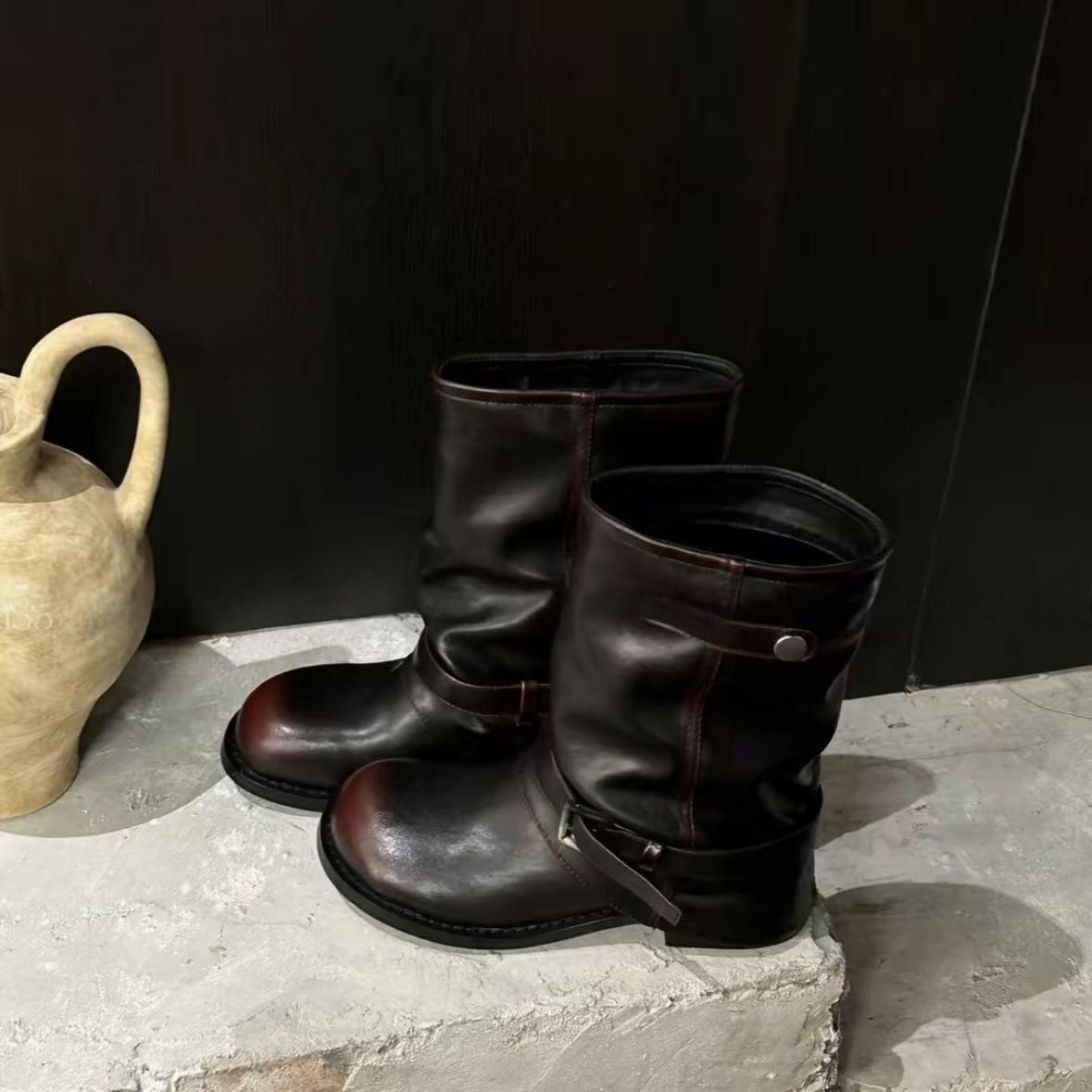 

2025 New Vintage Western Cowboy Boots Pleated Black Round Head Vintage Martin Boots Pants Boots Short Boots 40 красный