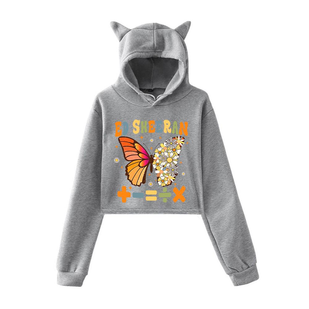 Modna bluza crop top z nadrukiem Eda Sheerana w stylu kawaii, zabawna bluza krótka z uszami kota, z kapturem, typu pulower, damska, streetwear