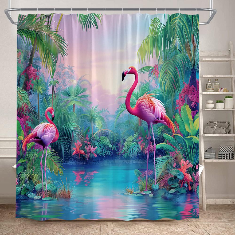 Shower Curtain, Tropical Flamingo Jungle Waterproof Polyester Bathroom Curtain With Hooks, Palm Tree Lotus Flower Decor Bath Cur