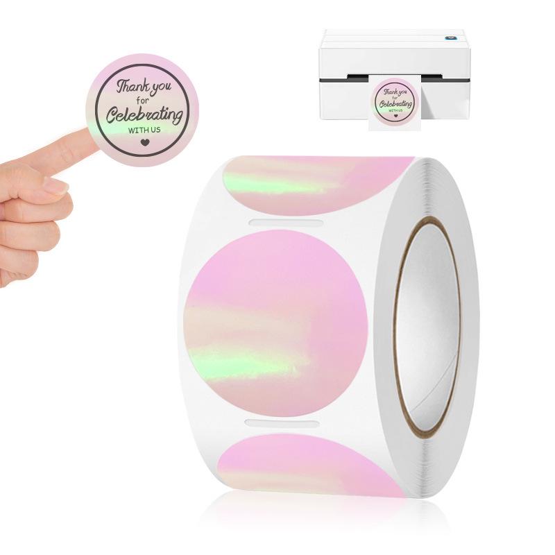 

Pink Holographic Heat-Sensitive Waterproof Self-Adhesive Sticker Round; 5x5CM, 300 stickers/roll