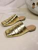 Fashion Shimmery Metallic Gold Silver Closed Toe Women Summer Slides Sandals Square Low Heels Slip-on Casual Mules Slippers Big Size 42