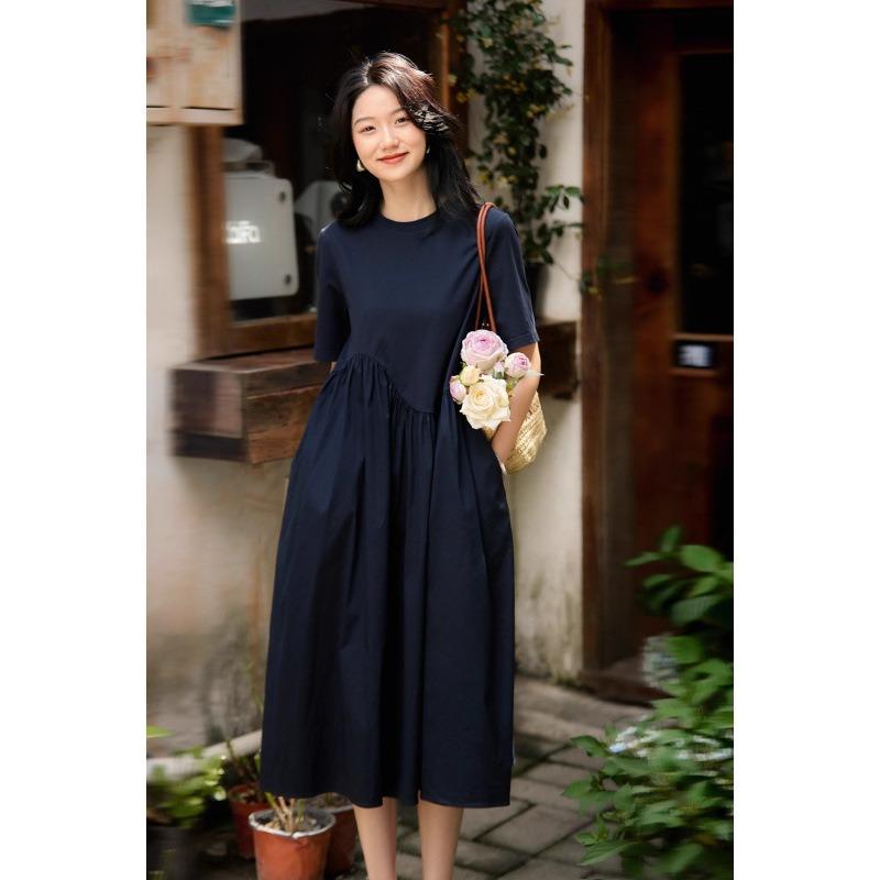 Light Choice, Casual Temperament Structure, Pleated Splicing Design, Short-sleeved Dress/medium and Long Skirt