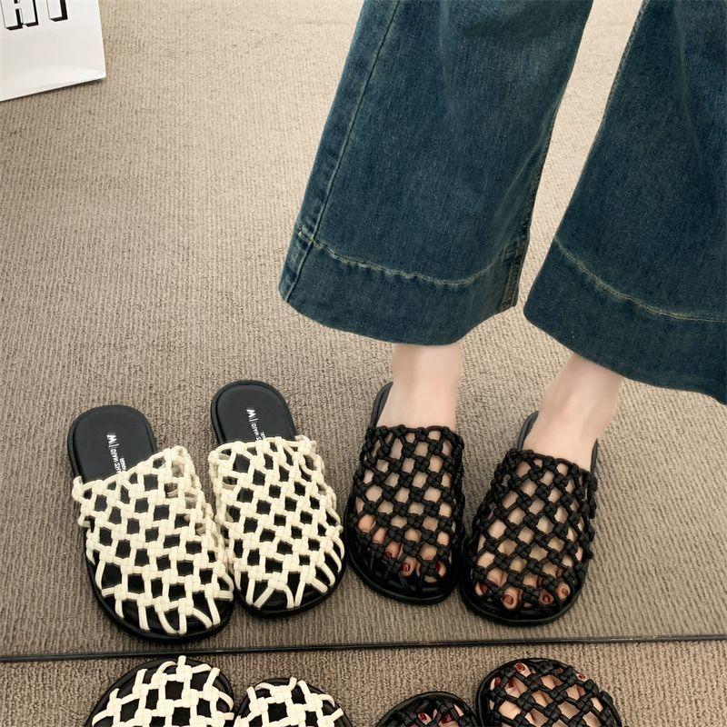 Flat Bottom Breathable Bag Head Casual Cool Slippers Women's 2025 New Explosion Niche Woven Hollow Cool Slippers Women's Summer Wear