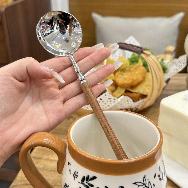 20cm Pear Wood Handle Stainless Steel Long Round Head Spoon for Rice Soup Dessert Tableware Kitchen Dining Tool
