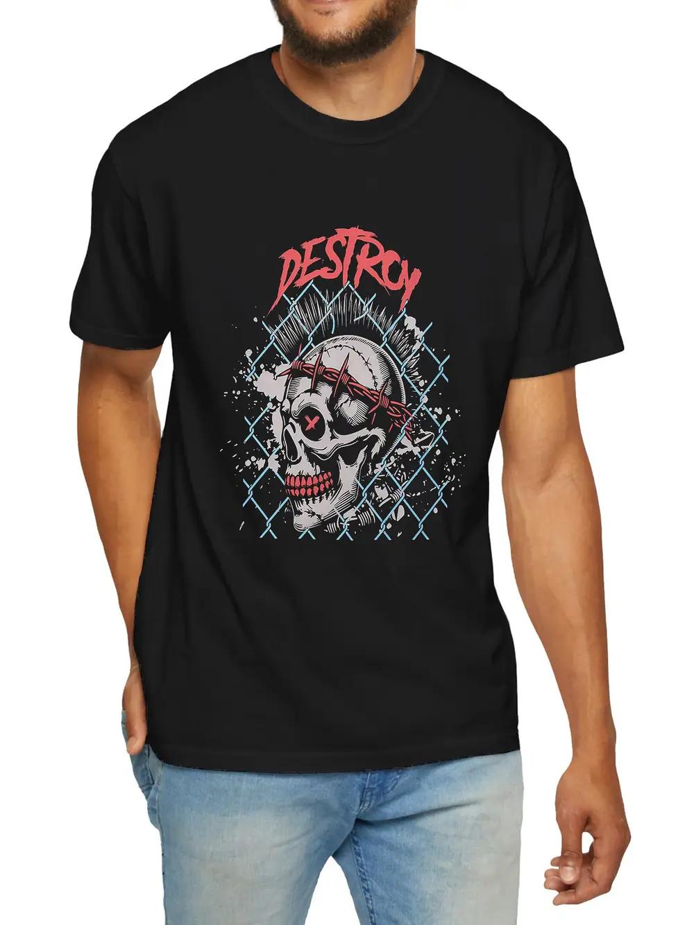 

DESTROY Skull Graphic T-shirt - Casual Black Cotton Tee with Short Sleeves XXXL