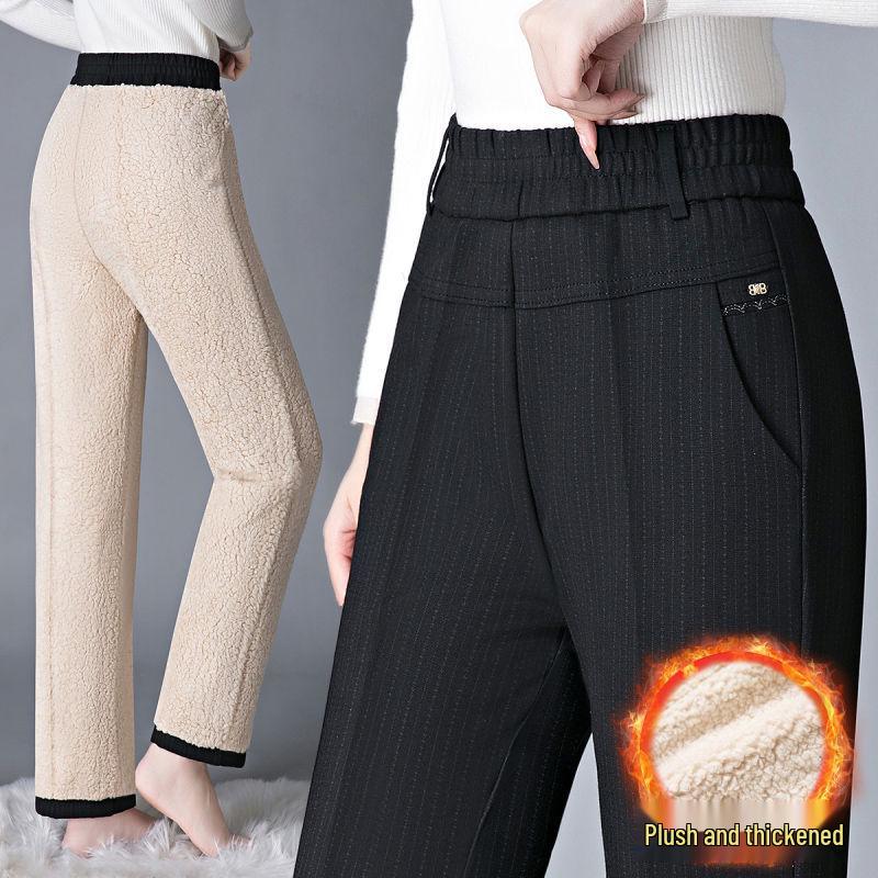 Pantalones de Invierno de Lana de Cordero con Forro Polar de Cintura Alta para Mujer - Engrosados, Algodón, Otoño 2025