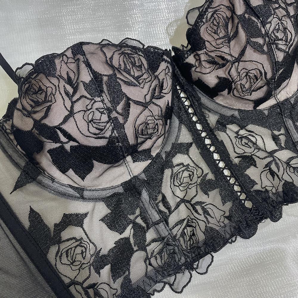 Rose Embroidered Lace Longline Bra Set