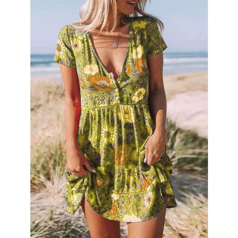 women s Boho Floral Print V Neck Short Sleeve Mini Dress Casual Ruffled Tiered Sundress S жёлтый