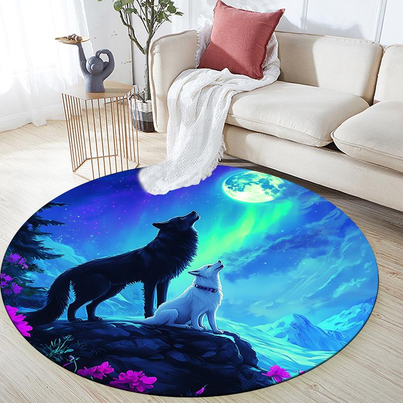 Moon Wolf,Round Area Rug,Carpet Rug for Living Room Bedroom Sofa Playroom Decor,Non-slip Floor Mat