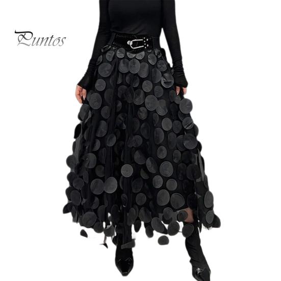 Women Summer Maxi Skirt Retro A-Line Large Hem Skirt Solid Color 3D Dot Decor High Waist Long Skirt