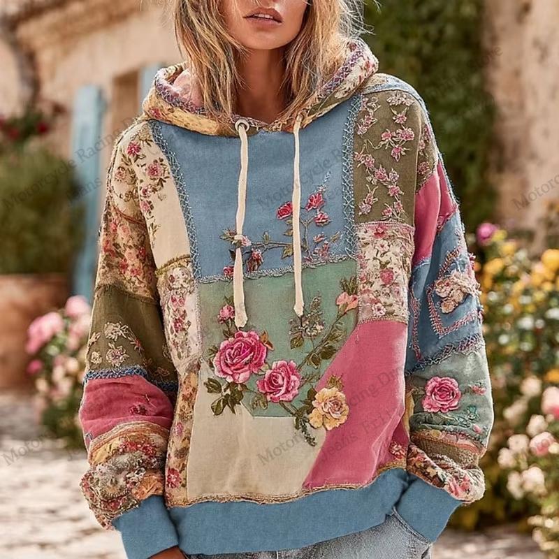 Vintage Floral Patchwork 3d Print Hoodie Women Fashion Casual European American Style Hoodie Sweatshirt Women Clothes Top