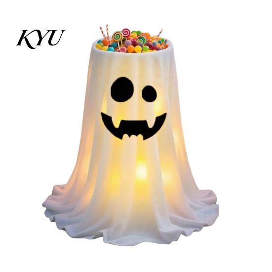 Hanging Ghost Decor Halloween Candy Bowl, Adjustable Height Large Holder, Trick or Spooky Yard Treat Standing Storage Dish for Porch Lawn Garden Prop