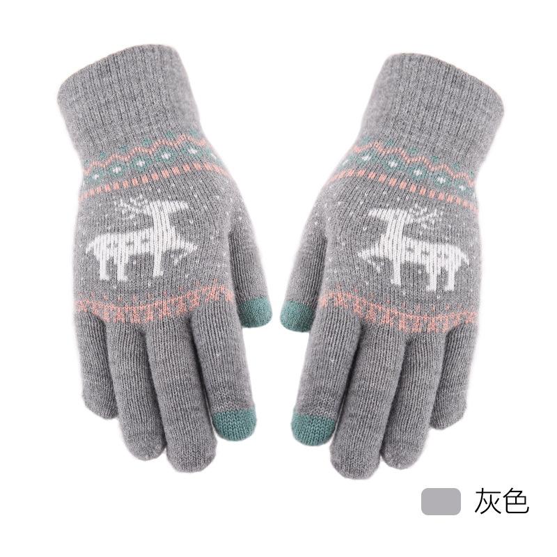New Jacquard Double-layer Deer Touch Screen Gloves Autumn and Winter Women's Fleece Thickened Warm Wool Gloves