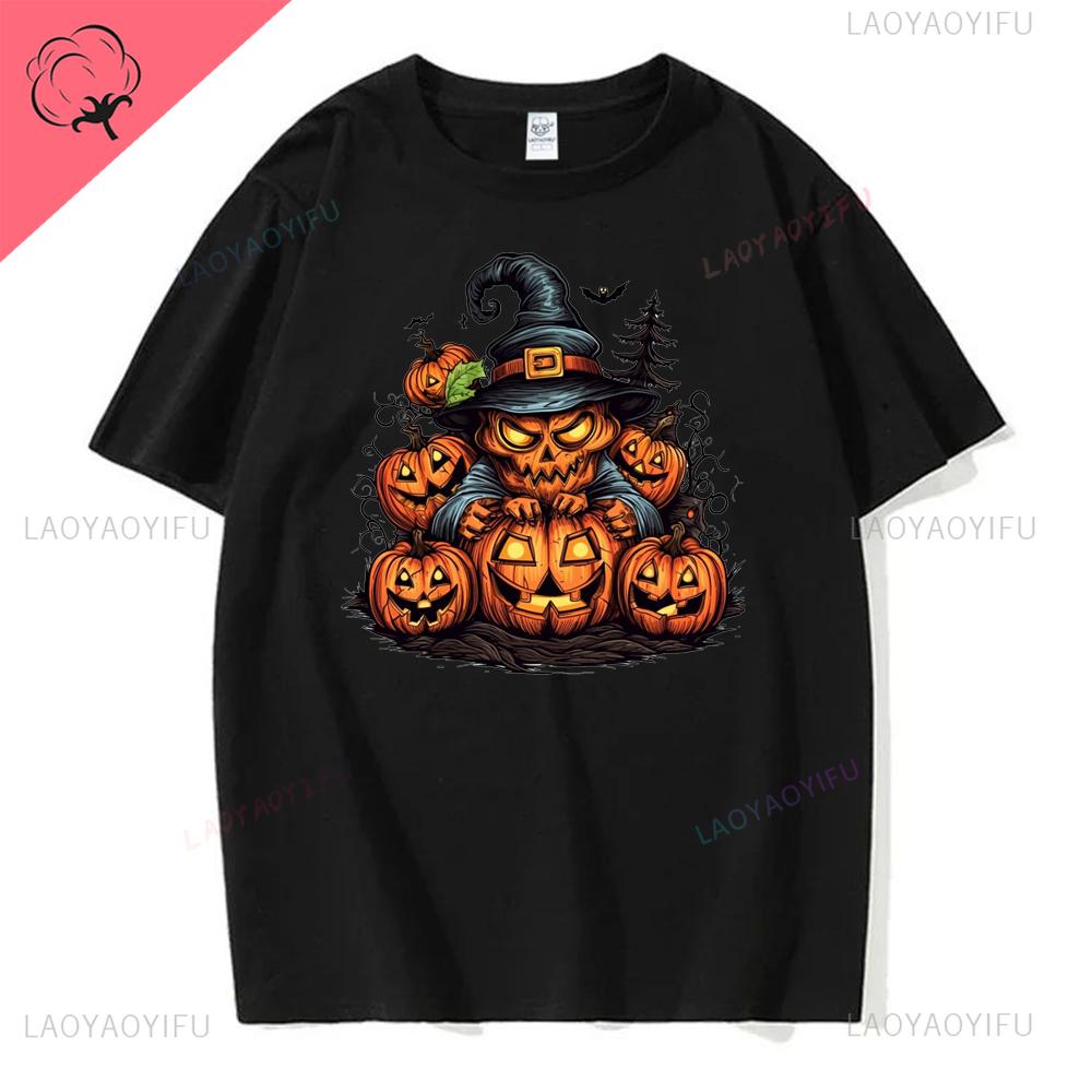 Jack Lanterns  Women Ghost Pumpkin Bat Skeleton Print Round Neck Pullovers Cotton Shirt Graphic T Shirts Y2k Top Harajuku Tops